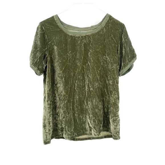 Anthropologie Kyla Seo Olive Green Velvet Velour Short Sleeve Handmade Crewneck - Picture 2 of 7